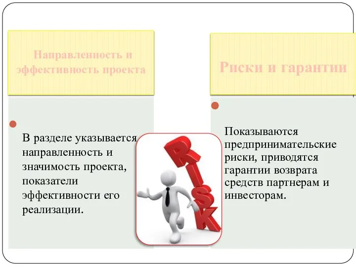 Направленность и эффективность проекта Риски и гарантии В разделе указывается направленность