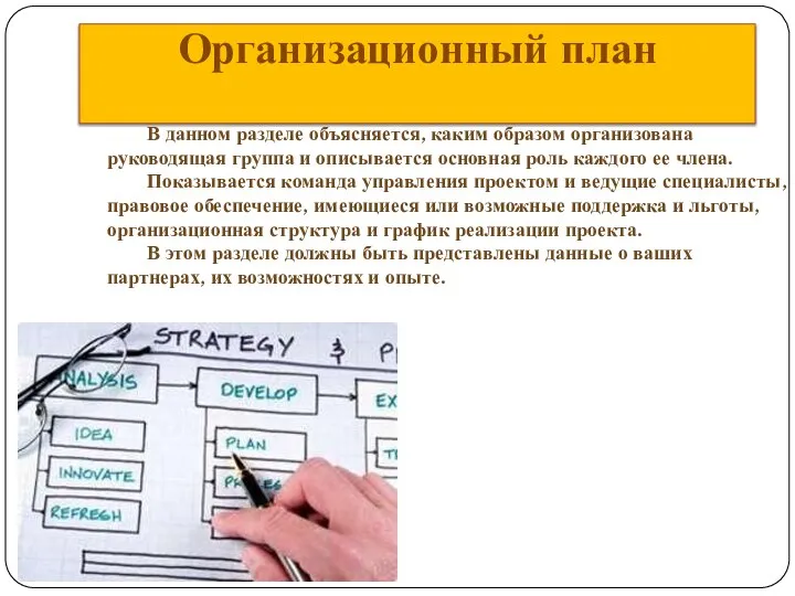 Организационный план В данном разделе объясняется, каким образом организована руководящая группа