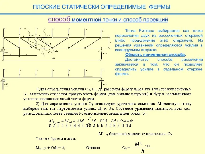 ПЛОСКИЕ СТАТИЧЕСКИ ОПРЕДЕЛИМЫЕ ФЕРМЫ способ моментной точки и способ проекций Точка