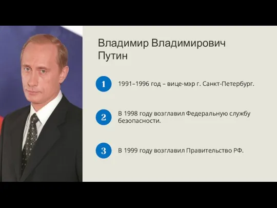 1 Владимир Владимирович Путин 1991–1996 год – вице-мэр г. Санкт-Петербург. В