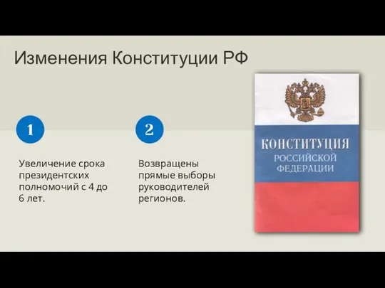 Изменения Конституции РФ Увеличение срока президентских полномочий с 4 до 6