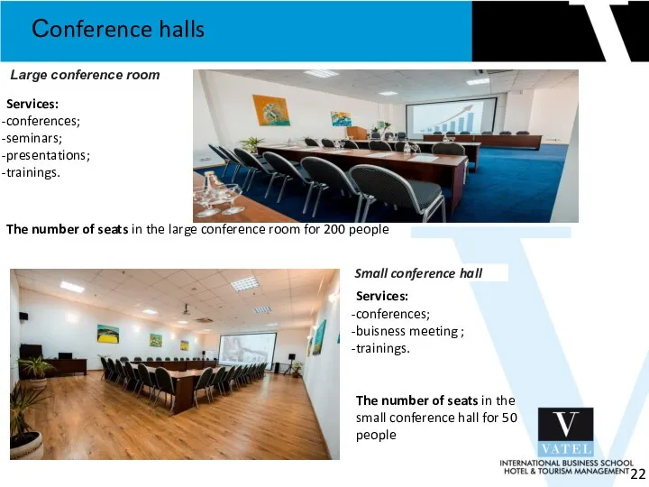 Сonference halls 22 Large conference room Services: conferences; seminars; presentations; trainings.