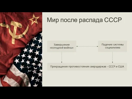 Мир после распада СССР Завершение «холодной войны» Падение системы социализма Прекращение