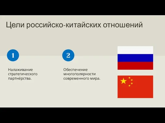 Цели российско-китайских отношений Налаживание стратегического партнёрства. 1 Обеспечение многополярности современного мира. 2