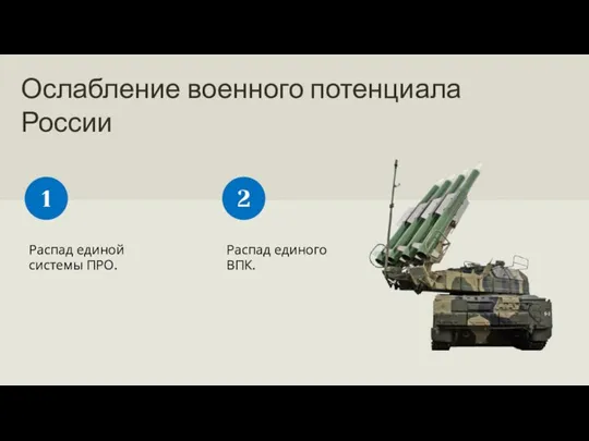 Ослабление военного потенциала России Распад единой системы ПРО. 1 Распад единого ВПК. 2