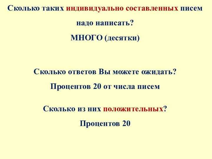 Сколько таких индивидуально составленных писем надо написать? МНОГО (десятки) Сколько ответов