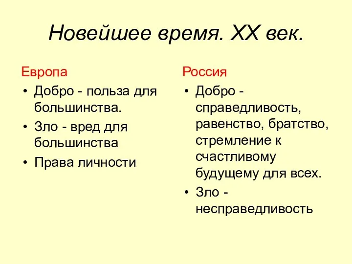 Новейшее время. XX век. Европа Добро - польза для большинства. Зло