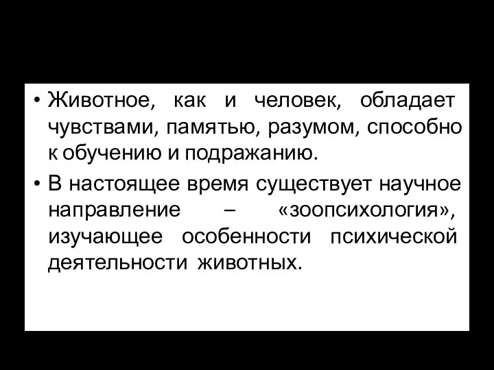 Животное, как и человек, обладает чувствами, памятью, разумом, способно к обучению