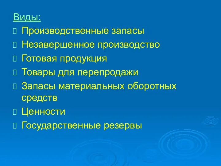 Виды: Производственные запасы Незавершенное производство Готовая продукция Товары для перепродажи Запасы