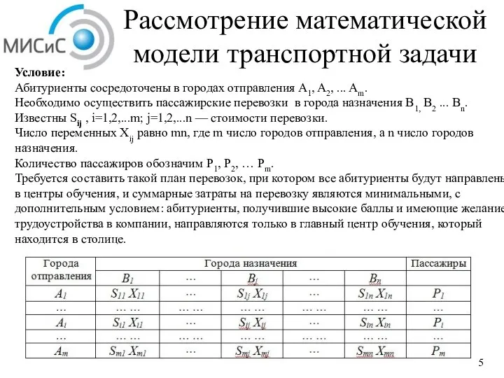 Рассмотрение математической модели транспортной задачи Условие: Абитуриенты сосредоточены в городах отправления