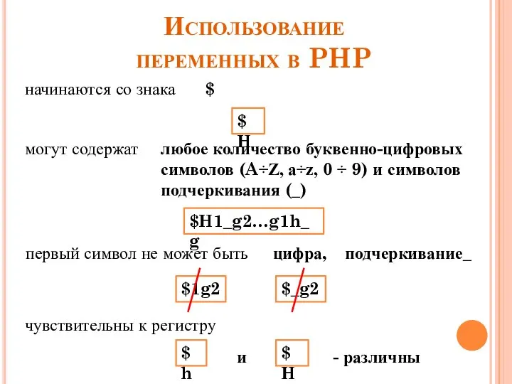 Использование переменных в PHP $ начинаются со знака могут содержат любое