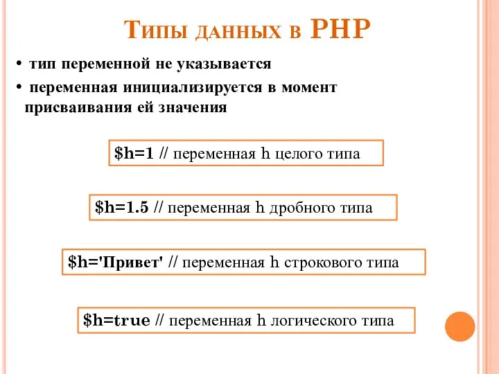 Типы данных в PHP тип переменной не указывается переменная инициализируется в