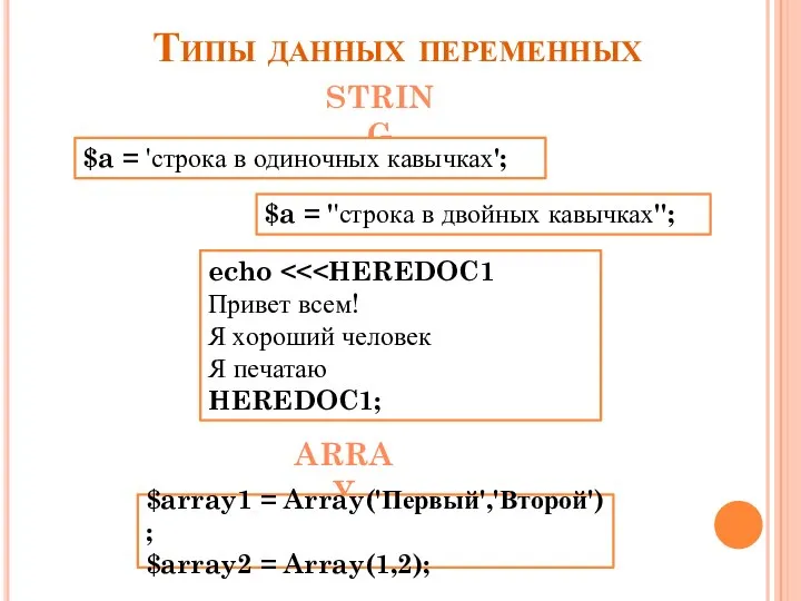 STRING ARRAY Типы данных переменных $a = 'строка в одиночных кавычках';