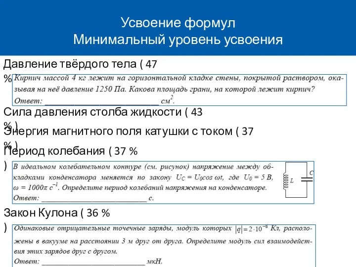 Усвоение формул Минимальный уровень усвоения Давление твёрдого тела ( 47 %