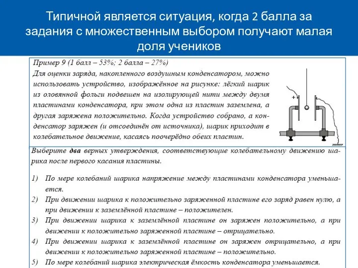 Типичной является ситуация, когда 2 балла за задания с множественным выбором получают малая доля учеников