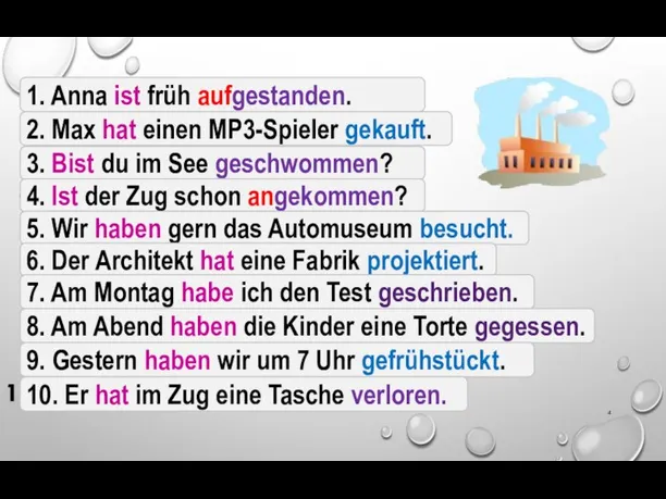 Anna, früh, aufstehen Max, einen MP3-Spieler, kaufen du, im See, schwimmen?