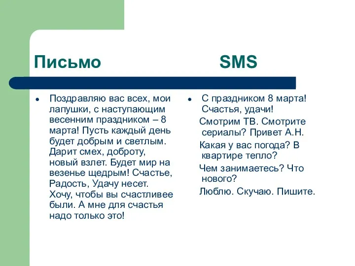 Письмо SMS Поздравляю вас всех, мои лапушки, с наступающим весенним праздником