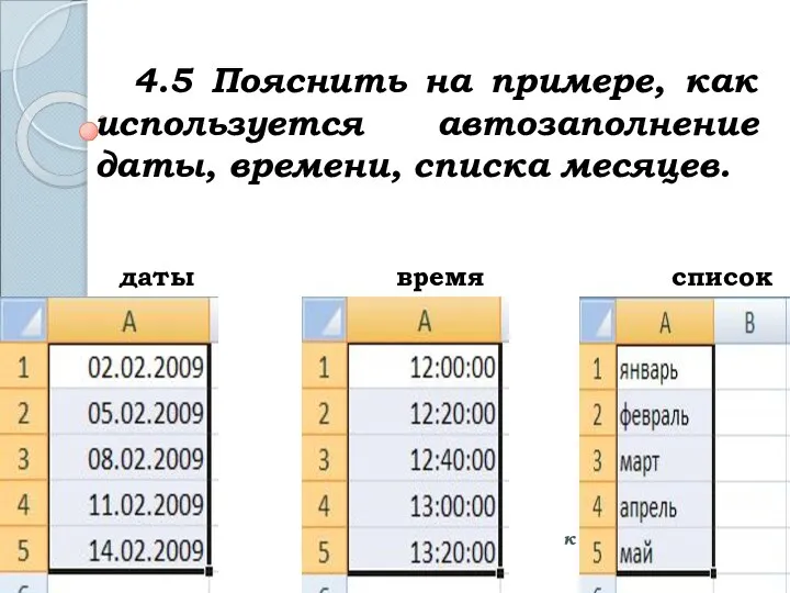 4.5 Пояснить на примере, как используется автозаполнение даты, времени, списка месяцев.