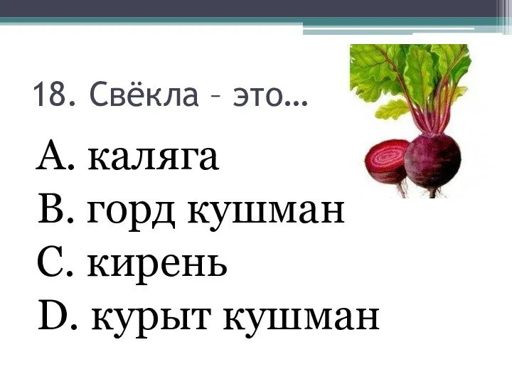 18. Свёкла – это… А. каляга В. горд кушман С. кирень D. курыт кушман