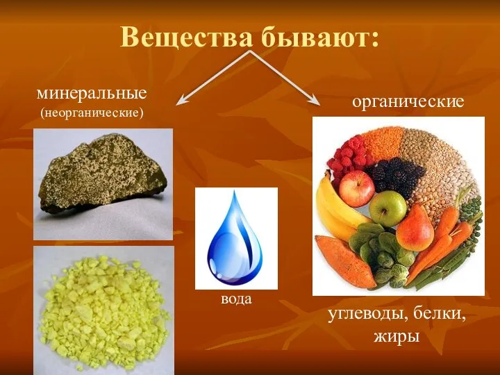 Вещества бывают: минеральные (неорганические) органические вода углеводы, белки, жиры