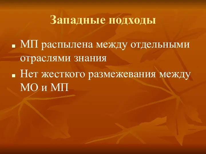 Западные подходы МП распылена между отдельными отраслями знания Нет жесткого размежевания между МО и МП