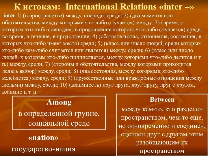 К истокам: International Relations «inter –» «nation» государство-нация inter 1) (в