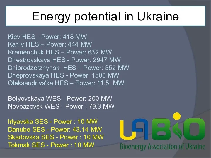 Energy potential in Ukraine Kiev HES - Power: 418 MW Kaniv