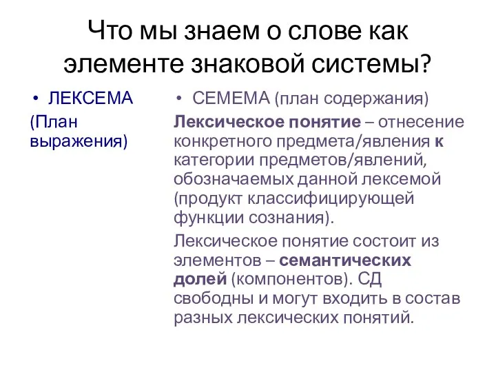 Что мы знаем о слове как элементе знаковой системы? ЛЕКСЕМА (План