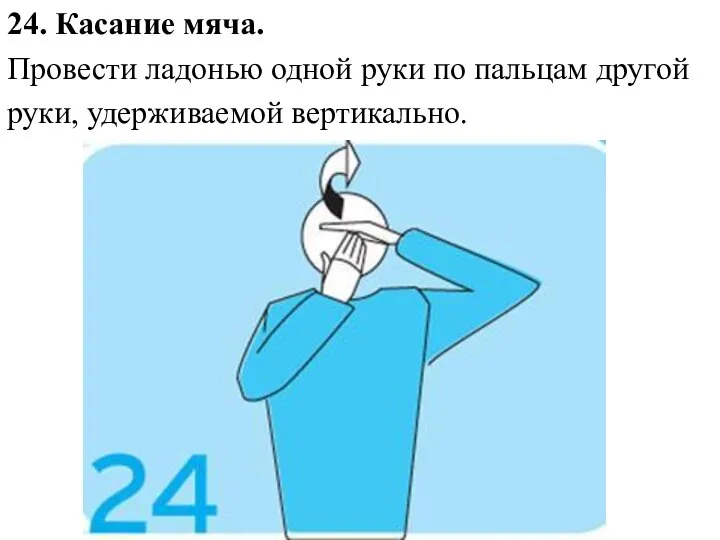 24. Касание мяча. Провести ладонью одной руки по пальцам другой руки, удерживаемой вертикально.