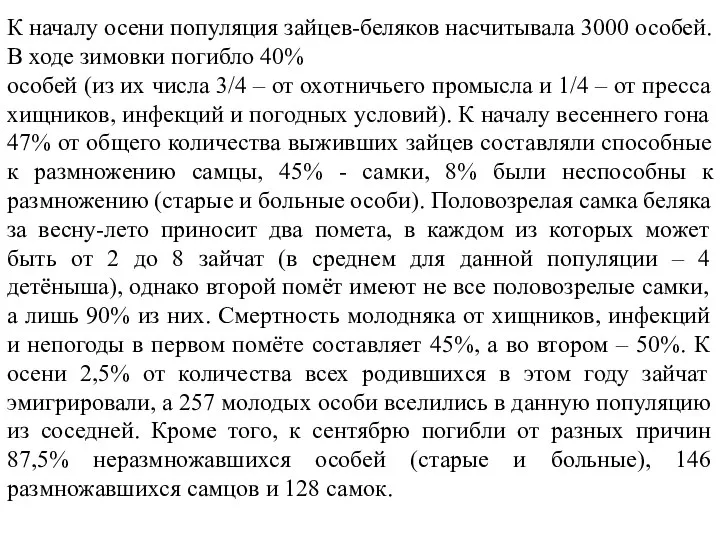 К началу осени популяция зайцев-беляков насчитывала 3000 особей. В ходе зимовки