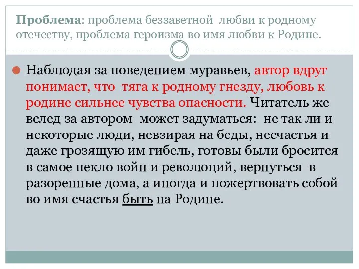 Проблема: проблема беззаветной любви к родному отечеству, проблема героизма во имя