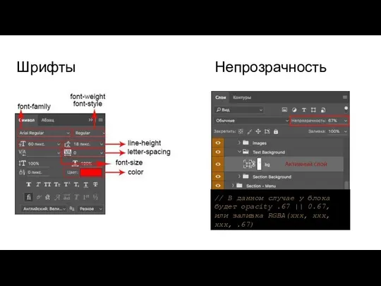 Шрифты // В данном случае у блока будет opacity .67 ||