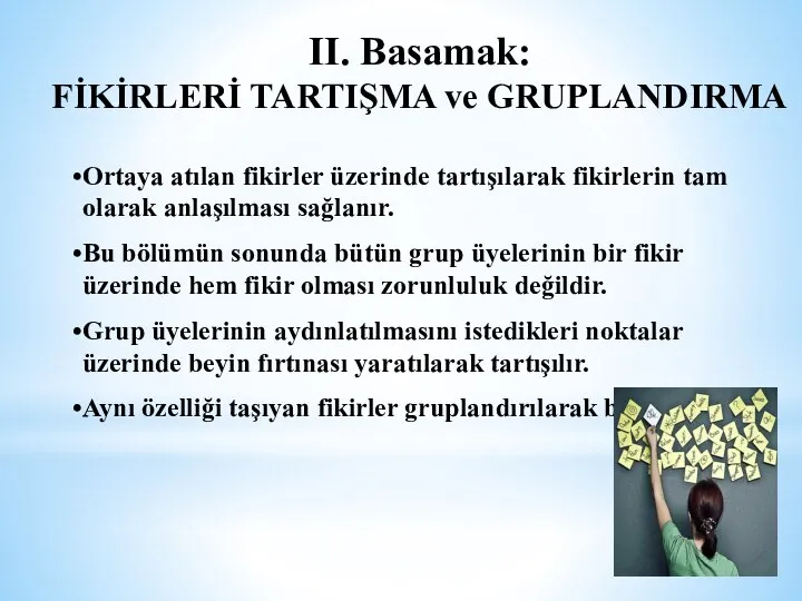 II. Basamak: FİKİRLERİ TARTIŞMA ve GRUPLANDIRMA Ortaya atılan fikirler üzerinde tartışılarak