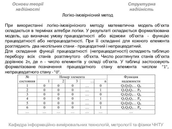 Кафедра інформаційно-вимірювальних технологій, метрології та фізики ЧНТУ Основи теорії надійності Структурна