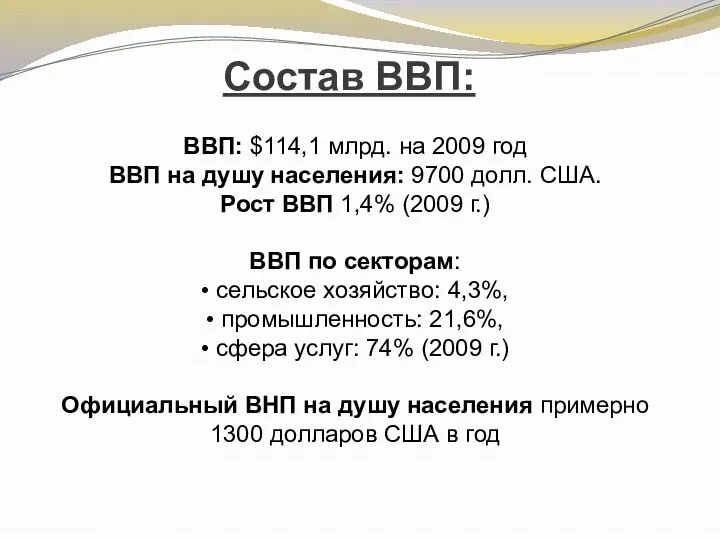 Состав ВВП: ВВП: $114,1 млрд. на 2009 год ВВП на душу