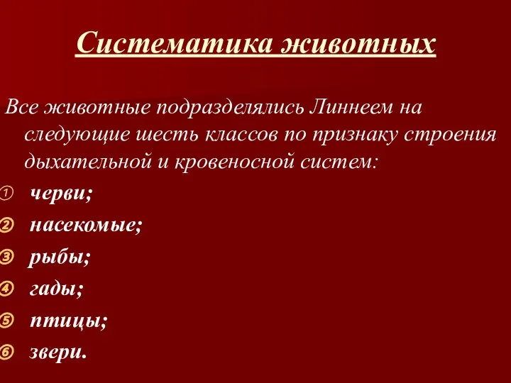 Систематика животных Все животные подразделялись Линнеем на следующие шесть классов по