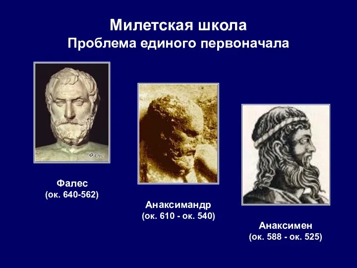 Милетская школа Проблема единого первоначала Фалес (ок. 640-562) Анаксимандр (ок. 610