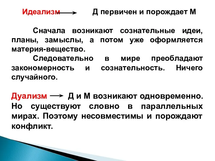 Идеализм Д первичен и порождает М Сначала возникают сознательные идеи, планы,