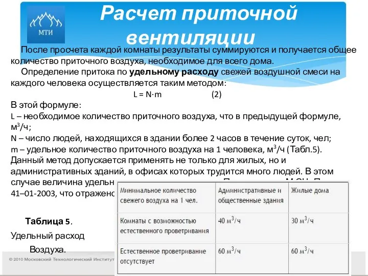 Расчет приточной вентиляции После просчета каждой комнаты результаты суммируются и получается