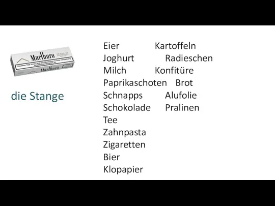 die Stange Eier Kartoffeln Joghurt Radieschen Milch Konfitüre Paprikaschoten Brot Schnapps