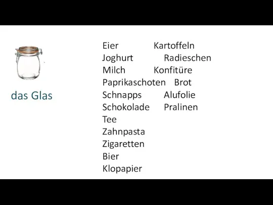 das Glas Eier Kartoffeln Joghurt Radieschen Milch Konfitüre Paprikaschoten Brot Schnapps