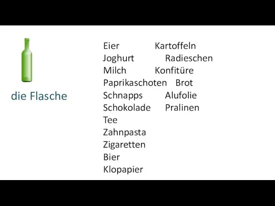 die Flasche Eier Kartoffeln Joghurt Radieschen Milch Konfitüre Paprikaschoten Brot Schnapps