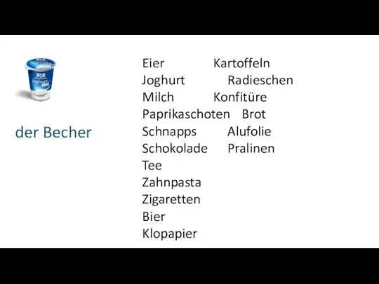 der Becher Eier Kartoffeln Joghurt Radieschen Milch Konfitüre Paprikaschoten Brot Schnapps