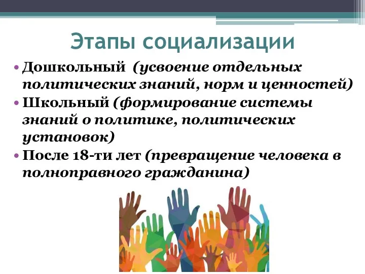 Этапы социализации Дошкольный (усвоение отдельных политических знаний, норм и ценностей) Школьный