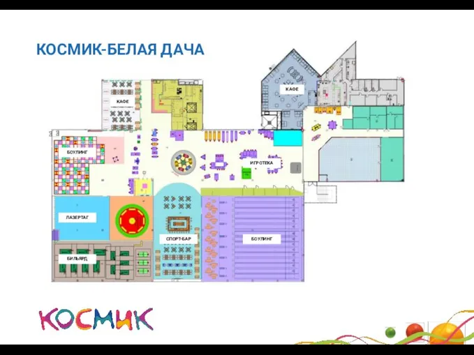 КОСМИК-БЕЛАЯ ДАЧА БОУЛИНГ БИЛЬЯРД ИГРОТЕКА БОУЛИНГ КАФЕ ЛАЗЕРТАГ СПОРТ-БАР КАФЕ