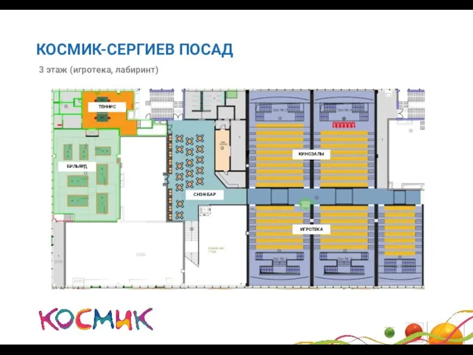 КОСМИК-СЕРГИЕВ ПОСАД 3 этаж (игротека, лабиринт) БИЛЬЯРД СНЭК-БАР ТЕННИС КИНОЗАЛЫ ИГРОТЕКА