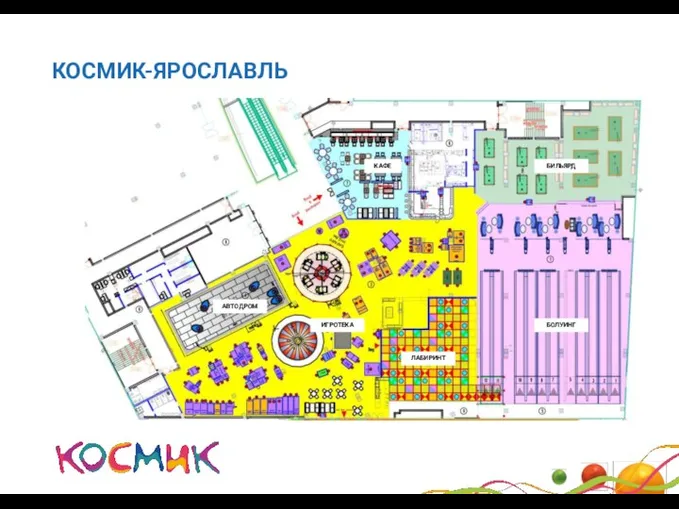 КОСМИК-ЯРОСЛАВЛЬ БИЛЬЯРД БОЛУИНГ ИГРОТЕКА ЛАБИРИНТ АВТОДРОМ КАФЕ