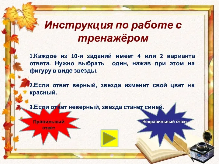 Инструкция по работе с тренажёром Правильный ответ Неправильный ответ 1.Каждое из