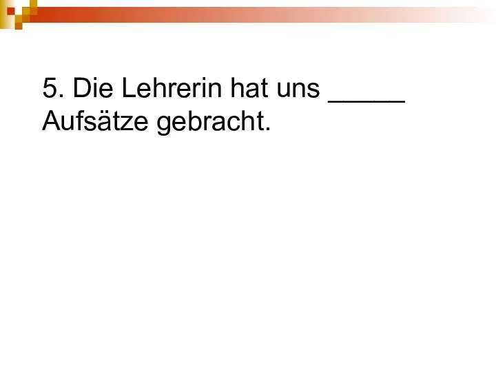 5. Die Lehrerin hat uns _____ Aufsätze gebracht.