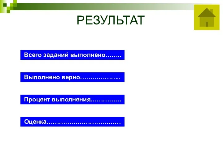 РЕЗУЛЬТАТ Всего заданий выполнено…….. Выполнено верно……………….. Процент выполнения…………… Оценка………………………………